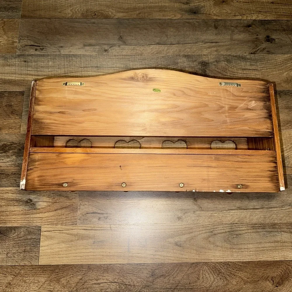 Vintage Wooden Heart Cut Out Peg Rack Trinket Shelf Wall Hanging Cottagecore 18